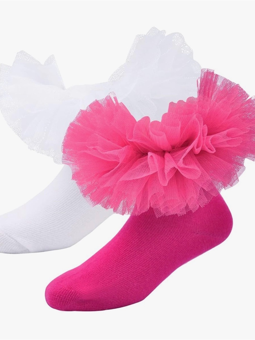 Kids Tulle Ruffle Ankle Socks - Hot Pink & White